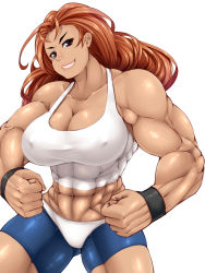 Rule 34 | 1girl, abs, absurdres, amau (kosmos), bad id, bad pixiv id, breasts, cleavage, covered erect nipples, crayon shin-chan, dark skin, female focus, grin, highres, large breasts, lips, looking at viewer, mama (crayon shin-chan), muscular, muscular female, orange hair, red eyes, simple background, smile, solo, sports bra, white background