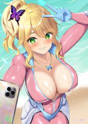 Rule 34 | 1girl, absurdres, arm up, artist name, beach, blonde hair, blue gloves, blush, bodysuit, breasts, butterfly hair ornament, butterfly necklace, cellphone, cleavage, collarbone, commentary request, covered erect nipples, cowboy shot, day, dolphin wave, from above, gloves, green eyes, grin, hair between eyes, hair ornament, hand up, highres, holding, holding phone, izumi kiri, jewelry, large breasts, looking at viewer, looking up, medium hair, necklace, open bodysuit, open clothes, outdoors, outstretched arm, parted lips, partially unzipped, pendant, phone, pinesphere, pink bodysuit, selfie, side ponytail, sidelocks, signature, smartphone, smile, solo, standing, two-tone bodysuit, v, water, water drop, wavy hair, wet, white bodysuit