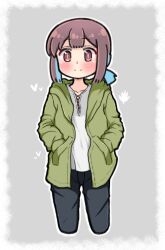Rule 34 | 1girl, black pants, blue hair, blush, brown eyes, brown hair, collarbone, colored inner hair, commentary, cowboy shot, cropped legs, green jacket, grey background, hands in pockets, highres, hiro (05112423), hood, hood down, hooded jacket, hozuki momiji, jacket, long sleeves, looking at viewer, multicolored hair, onii-chan wa oshimai!, open clothes, open jacket, outline, pants, shirt, short hair, short ponytail, simple background, smile, split mouth, straight-on, two-tone hair, white outline, white shirt