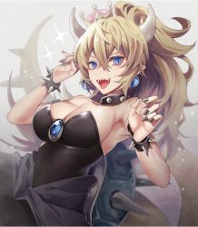 Rule 34 | 1girl, armlet, bad id, bad twitter id, bare shoulders, black dress, blonde hair, blue eyes, bowsette, bracelet, breasts, brooch, collar, commentary request, crown, dress, earrings, hair between eyes, horns, jewelry, large breasts, long hair, looking at viewer, mario (series), mini crown, nail polish, new super mario bros. u deluxe, nintendo, open mouth, pointy ears, ponytail, sharp teeth, sleeveless, sleeveless dress, slit pupils, smile, solo, sparkle, spiked armlet, spiked bracelet, spiked collar, spiked shell, spiked tail, spikes, strapless, strapless dress, super crown, tail, teeth, tilted headwear, tongue, tongue out, turtle shell, upper body, wavy hair, wide ponytail, yunohito