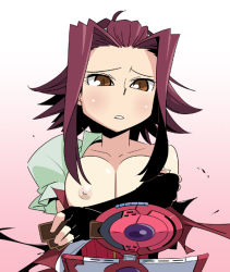 Rule 34 | 00s, 1girl, armor, bare shoulders, black dress, blush, breasts, brown eyes, card, cleavage, collarbone, crossed arms, dress, duel disk, holding, holding card, izayoi aki, large breasts, looking at viewer, parted bangs, pile of cards, puffy sleeves, red hair, shoulder pads, solo, strapless, strapless dress, ukitanisu, undressing, upper body, yu-gi-oh!, yu-gi-oh! 5d&#039;s, yu-gi-oh (card)