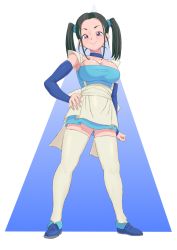 Rule 34 | 1girl, black hair, blue dragon, bouquet (blue dragon), breasts, chobi kuma, cleavage, closed mouth, dress, full body, large breasts, long hair, looking at viewer, purple eyes, skirt, smile, solo, thighhighs, twintails