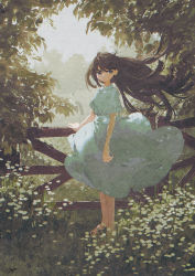 Rule 34 | 1girl, barefoot, blue eyes, brown hair, bush, closed mouth, commentary request, dress, fence, floating hair, flower, full body, grass, highres, long hair, looking at viewer, original, outdoors, potg (piotegu), short sleeves, solo, white dress, white flower, wooden fence