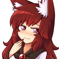 Rule 34 | 1girl, animal ear fluff, animal ears, blush, brooch, brown hair, commentary, dress, drooling, fingernails, heart, heart-shaped pupils, imaizumi kagerou, jewelry, long hair, long sleeves, looking at viewer, nail polish, red eyes, red nails, saliva, sharp fingernails, simple background, smile, solo, symbol-shaped pupils, touhou, upper body, wavy mouth, white background, wolf ears, wool (miwol)