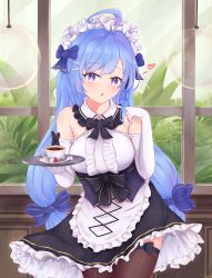 Rule 34 | 1girl, absurdres, ahoge, alternate costume, alternate hairstyle, apron, azur lane, blue bow, blue hair, bow, center frills, commentary, cup, disposable coffee cup, disposable cup, dress, elbow gloves, english commentary, enmaided, frills, gloves, hair bow, hair intakes, heart, helena (azur lane), highres, holding, holding tray, indoors, kyl490, leaning forward, long hair, looking at viewer, low twintails, maid, plant, purple eyes, ribbon legwear, sleeveless, sleeveless dress, solo, spoken heart, spoon, standing, sugar cube, swept bangs, tea, teacup, thighhighs, tray, twintails, waist apron, window