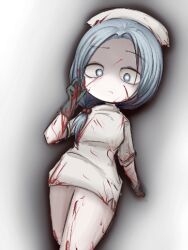 Rule 34 | 1girl, alternate costume, blood, blood in hair, blood on clothes, blood on gloves, blood on leg, blue eyes, blue hair, bright pupils, chinese commentary, closed mouth, commentary request, dress, enomoto noa, frown, gloves, green gloves, hair bobbles, hair ornament, hand up, hat, highres, light blue hair, low ponytail, nurse, nurse cap, parted bangs, saibou shinkyoku, short dress, side ponytail, solo, white dress, white hat, white pupils, xinjinjumin558540324569