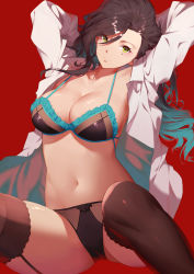 Rule 34 | 1girl, absurdres, arms behind head, black hair, black panties, black thighhighs, blue hair, bra, breasts, cleavage, closed mouth, facial mark, girls&#039; frontline, gradient hair, green eyes, highres, large breasts, long hair, long sleeves, looking at viewer, multicolored hair, navel, open clothes, open shirt, panties, python (girls&#039; frontline), red background, ren huozhe, shirt, simple background, solo, thighhighs, underwear, white shirt
