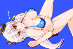 Rule 34 | 1girl, bare arms, bare legs, bikini, blue background, blue bikini, breasts, cleavage, closed mouth, covered navel, engo (aquawatery), fate/grand order, fate (series), hair between eyes, kiyohime (fate), large breasts, long hair, looking at viewer, lying, navel, on back, red eyes, shiny skin, simple background, sketch, smile, solo, swimsuit, very long hair, white hair
