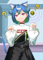 Rule 34 | 1girl, ?, @ @, absurdres, animal ears, belt, black belt, black shorts, blue hair, cat ears, cat girl, cat tail, coin, coin on string, commentary request, cowboy shot, double bun, earclip, green hair, hair between eyes, hair bun, high-waist shorts, highres, holed coin, hypnosis, kemonomimi mode, long sleeves, looking at viewer, medium bangs, mind control, mole, mole under eye, multicolored hair, nanashi inc., official alternate costume, open mouth, paw pose, pendulum, pink eyes, shiranui enki, short hair, shorts, single strap, solo, suzumi nemo, suzumi nemo (2nd costume), sweater, tail, two-tone hair, virtual youtuber, white sweater