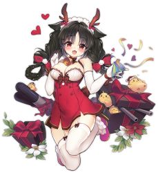 Rule 34 | 1girl, :d, alic miao, alternate costume, antlers, argyle, argyle background, argyle clothes, azur lane, bird, black hair, blush, box, braid, breasts, chick, cleavage, full body, gift, gift box, heart, horns, large breasts, official art, ooshio (azur lane), ooshio (the reindeer&#039;s present) (azur lane), open mouth, party popper, red eyes, reindeer antlers, smile, solo, star (symbol), thighhighs, torpedo, transparent background, twin braids, white thighhighs