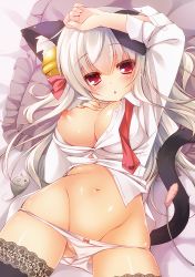 Rule 34 | 1girl, animal ears, bell, blush, breasts, cat ears, cat girl, cat tail, cat teaser, chestnut mouth, female focus, frilled pillow, frills, groin, jingle bell, large breasts, lying, mouse (animal), navel, nipples, on back, original, panties, panty pull, pillow, red eyes, rinka (yuyutei), solo, tail, thighhighs, toy mouse, underwear, white hair
