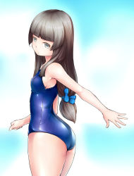 Rule 34 | 1girl, :/, armpits, ass, black eyes, black hair, blue one-piece swimsuit, blunt bangs, bow, breasts, clenched hand, cowboy shot, from side, hair bow, highres, hime cut, long hair, looking at viewer, looking back, low-tied long hair, one-piece swimsuit, origami koori, outstretched arm, school girl strikers, school swimsuit, shiny clothes, sidelocks, small breasts, swimsuit, yuuki1103
