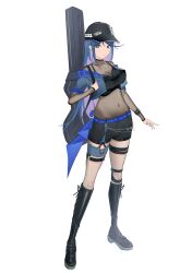 Rule 34 | 1girl, absurdres, baseball cap, black footwear, black hat, black shorts, blue eyes, blue hair, bodystocking, boots, breasts, camisole, colored inner hair, commentary request, covered navel, cropped jacket, denim, denim jacket, guitar case, hat, highres, hoshino ichika (project sekai), instrument case, jacket, large breasts, long hair, looking at viewer, multicolored hair, off shoulder, open clothes, open jacket, project sekai, purple hair, schrodinger de miao m, short shorts, shorts, solo, spaghetti strap, thigh strap, thighs, very long hair