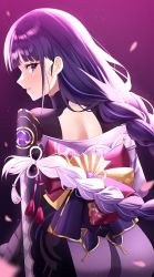 Rule 34 | 1girl, absurdres, armor, braid, cowboy shot, educk, from behind, genshin impact, gradient background, highres, japanese clothes, kimono, long hair, looking at viewer, looking back, low-braided long hair, low-tied long hair, obi, parted lips, purple eyes, purple hair, purple kimono, raiden shogun, sash, shoulder armor, solo, standing, very long hair