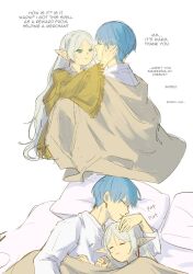 Rule 34 | 1boy, 1girl, blue hair, chamwa, closed eyes, closed mouth, commentary, couple, cuddling, earrings, elf, english commentary, english text, frieren, green eyes, hand on another&#039;s head, hetero, highres, himmel (sousou no frieren), jewelry, long hair, long sleeves, pillow, pointy ears, shared blanket, shirt, short hair, simple background, sleeping, smile, sousou no frieren, under covers, white background, white hair, white shirt