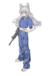 Rule 34 | 1girl, animal ears, assault rifle, barefoot, blood, blood on clothes, blood on face, blue pants, blue shirt, breast pocket, cat ears, closed mouth, collared shirt, commentary, glasses, grey hair, gun, hand on own hip, holding, holding gun, holding weapon, long hair, looking at viewer, midriff, navel, original, pants, pocket, purple eyes, rifle, shirt, short sleeves, solo, weapon, weapon request, zumochi
