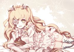 Rule 34 | 1girl, blonde hair, boots, cross-laced footwear, dise (psychoro), dress, flower, flower over eye, hair flower, hair ornament, kirakishou, lace-up boots, long hair, open mouth, rose, rozen maiden, smile, solo, thigh boots, very long hair, white background, white flower, white footwear, white rose, yellow eyes