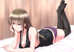 Rule 34 | 1girl, ass, bare shoulders, black thighhighs, breasts, brown eyes, brown hair, butt crack, cleavage, long hair, lying, mikage takashi, on bed, on stomach, original, panties, purple panties, reading, smile, solo, tank top, thighhighs, underwear
