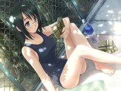 Rule 34 | 1girl, aqua eyes, barefoot, book, bottle, breasts, chain-link fence, collarbone, dappled sunlight, dark green hair, feet, female focus, fence, game cg, glasses, green hair, hair ornament, hashimoto takashi, holding, holding book, large breasts, long legs, one-piece swimsuit, outdoors, reading, school swimsuit, short hair, sitting, solo, sunlight, swimsuit, towel, yorihime nao, yosuga no sora