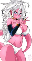Rule 34 | 1girl, android, android 21, arc system works, bare shoulders, bikini, blue eyes, blush, breasts, cleavage, closed mouth, colored skin, double w, dragon ball, dragon ball fighterz, ear piercing, earrings, elbow gloves, female focus, gloves, gold bracelet, gold earrings, hair between eyes, highres, hoop earrings, jewelry, kinakomochi (user vedc2333), large breasts, long hair, looking at viewer, majin android 21, navel, piercing, pink skin, pink tail, ring, signature, smile, solo, standing, stomach, swimsuit, tail, thick thighs, thighs, very long hair, w, white background, white bikini, white hair