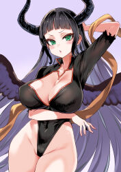 Rule 34 | 1girl, arm under breasts, asanagi, black hair, black leotard, black wings, breasts, cleavage, collarbone, commentary request, covered navel, granblue fantasy, green eyes, highleg, highleg leotard, highres, horns, large breasts, leotard, long hair, magus (granblue fantasy), solo, wings