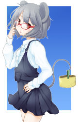 Rule 34 | 1girl, adjusting eyewear, alternate costume, animal ears, bad id, bad pixiv id, basket, bespectacled, brown eyes, dress, female focus, fingernails, glasses, grey hair, hand on own hip, highres, kuroi mizore, looking at viewer, mouse ears, mouse tail, nazrin, pinafore dress, red-framed eyewear, red eyes, short hair, simple background, sleeveless, sleeveless dress, solo, tail, touhou