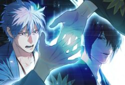 Rule 34 | 2boys, black hair, cma cmakuma, gintama, hair between eyes, hair over one eye, japanese clothes, kimono, looking at another, male focus, multiple boys, open mouth, outstretched hand, parted lips, print kimono, sakata gintoki, takasugi shinsuke, upper body, white hair, wide-eyed, wide sleeves