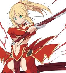 Rule 34 | 1girl, bare shoulders, blonde hair, braid, breasts, clarent (fate), commentary request, energy, fate/grand order, fate (series), green eyes, hair ornament, hair scrunchie, holding, holding sword, holding weapon, long hair, looking at viewer, mordred (fate), mordred (fate/apocrypha), navel, ponytail, red scrunchie, scrunchie, shiseki hirame, simple background, smile, solo, sword, weapon, white background