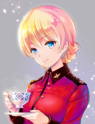 Rule 34 | 10s, 1girl, blush, braid, closed mouth, cup, darjeeling (girls und panzer), girls und panzer, gradient background, grey background, holding, holding cup, jacket, light particles, long sleeves, looking at viewer, military jacket, red jacket, resolution mismatch, saucer, smile, solo, source larger, tareme, teacup, umipro, upper body