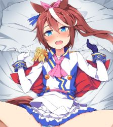 Rule 34 | 1girl, animal ears, asterisk (asterism), bad id, bad pixiv id, bed, blue eyes, blush, brown hair, clothing aside, commentary request, gloves, hair between eyes, horse ears, horse girl, implied sex, long hair, looking at viewer, open mouth, paid reward available, panties, panties aside, pillow, ponytail, pov, solo, spread legs, tokai teio (umamusume), umamusume, underwear
