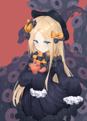 Rule 34 | 1girl, abigail williams (fate), absurdres, black bow, black dress, black hat, blonde hair, blue eyes, blush, bow, breasts, dress, fate/grand order, fate (series), forehead, gggggw, hair bow, hat, highres, long hair, looking at viewer, multiple hair bows, orange bow, parted bangs, polka dot, polka dot bow, ribbed dress, sleeves past fingers, sleeves past wrists, small breasts, stuffed animal, stuffed toy, teddy bear, tentacles