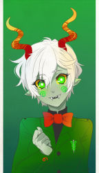 Rule 34 | 1girl, bow, calliope, colored sclera, colored skin, costume, fangs, formal, green eyes, grey skin, homestuck, horns, jin-nyeh, short hair, smile, solo, spiral, suit, white hair, yellow sclera