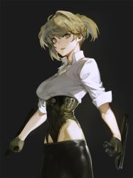 Rule 34 | 1girl, ahoge, black background, black gloves, blonde hair, bolt action, braid, breasts, collared shirt, commentary request, corset, dutch angle, girls&#039; frontline, gloves, grey eyes, half updo, handgun, integral suppressor, integrally-suppressed firearm, looking at viewer, medium breasts, olys, open mouth, pants, shirt, sleeves rolled up, solo, suppressor, tonfa, twintails, weapon, welrod, welrod mk ii, welrod mkii (girls&#039; frontline), wing collar