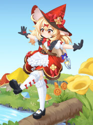 Rule 34 | 1girl, backpack, bag, balancing, belt, black footwear, black gloves, blonde hair, bow, day, dstears, flower, full body, genshin impact, gloves, hair bow, hat, hat bow, highres, klee (blossoming starlight) (genshin impact), klee (genshin impact), kneehighs, lantern, log, mary janes, mushroom, outdoors, red bow, red hat, red skirt, shoes, short sleeves, skirt, socks, solo, thighhighs, white thighhighs, wizard hat, yellow eyes
