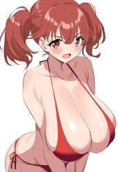 Rule 34 | 1girl, bikini, blush, breasts, cleavage, collarbone, commentary request, commission, edomae elf, hair between eyes, highres, huge breasts, ichi-jirushi, looking at viewer, open mouth, pixiv commission, red bikini, red eyes, red hair, sakuraba koma, side-tie bikini bottom, simple background, solo, swimsuit, white background