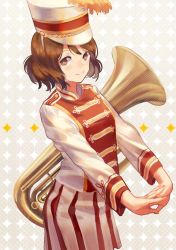 Rule 34 | 10s, 1girl, arched back, band uniform, brown eyes, brown hair, cowboy shot, euphonium, fingernails, hat, hat feather, hat ornament, hibike! euphonium, instrument, jacket, long sleeves, looking at viewer, medium hair, norizc, oumae kumiko, own hands together, pleated skirt, skirt, smile, solo, top hat, white jacket, white skirt, winged hat