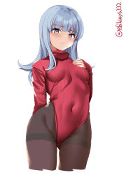 Rule 34 | 1girl, alternate costume, arm behind back, blue eyes, blue hair, blunt bangs, blush, breasts, brown pantyhose, closed mouth, covered navel, ebifurya, hand on own chest, hatsukaze (kancolle), heattech leotard, highres, kantai collection, long hair, long sleeves, looking at viewer, medium breasts, pantyhose, red sweater, simple background, solo, sweater, turtleneck, turtleneck sweater, twitter username, white background