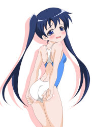 Rule 34 | 1girl, adjusting clothes, adjusting swimsuit, ass, back, bare arms, bare legs, bare shoulders, blue eyes, blue hair, blue one-piece swimsuit, blush, competition swimsuit, cowboy shot, dot nose, embarrassed, from behind, furrowed brow, haguraa (zerozeek), highres, kin-iro mosaic, komichi aya, legs together, long hair, looking at viewer, one-piece swimsuit, open mouth, shadow, shoulder blades, silhouette, simple background, solo, swimsuit, tareme, twintails, two-tone swimsuit, wavy mouth, white background, white one-piece swimsuit