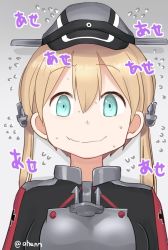 Rule 34 | 1girl, ahenn, anchor hair ornament, aqua eyes, blonde hair, commentary request, cross, gradient background, grey background, hair ornament, hat, iron cross, kantai collection, long hair, low twintails, military, military hat, military uniform, peaked cap, prinz eugen (kancolle), smile, solo, sweat, nervous sweating, translation request, twintails, uniform, upper body, wavy mouth