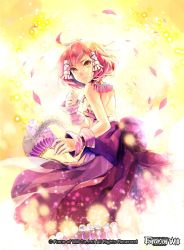 Rule 34 | 1girl, back, bare shoulders, bow, copyright name, flower, force of will, jewelry, necklace, official art, petals, pink hair, sparkle, tsukumi (tkmillust), upper body, yellow eyes