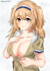 Rule 34 | 10s, 1girl, absurdres, blush, breasts, brown eyes, cleavage, coat, collarbone, hairband, highres, i-26 (kancolle), kantai collection, large breasts, light brown hair, long hair, looking at viewer, naked coat, nozoyuki, sailor collar, short sleeves, sketch, solo, twitter username, two-tone hairband, two side up, unzipping