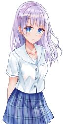 Rule 34 | 1girl, akaya (pixiv20545353), blue eyes, blue skirt, blush, collarbone, collared shirt, commentary request, dress shirt, highres, long hair, looking at viewer, original, parted lips, plaid, plaid skirt, pleated skirt, purple hair, school uniform, shirt, short sleeves, simple background, skirt, solo, white background, white shirt