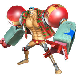 Rule 34 | 1boy, 3d, abs, absurdres, barefoot, blue hair, cyborg, eyewear on head, full body, hawaiian shirt, highres, male focus, male swimwear, official art, one piece, one piece: pirate warriors, open clothes, open shirt, print male swimwear, print swim briefs, print swimsuit, red male swimwear, red swim briefs, scar, shirt, simple background, solo, standing, star (symbol), star print, sunglasses, swim briefs, swimsuit, white background