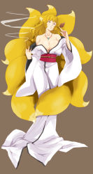 Rule 34 | 1girl, animal ears, bare shoulders, blonde hair, breasts, cigarette, cleavage, eyeshadow, face, fox ears, fox tail, hamushima, highres, huge breasts, incense, japanese clothes, jewelry, kimono, leaf, long hair, magatama, makeup, multiple tails, necklace, off shoulder, original, red eyes, simple background, smoke, smoking, solo, tail