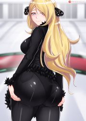 Rule 34 | 1girl, ass, ass focus, ass grab, ass support, black shirt, blonde hair, blouse, blue eyes, blush, breasts, coat, come hither, creatures (company), cynthia (pokemon), deep skin, from behind, game freak, hair ornament, hair over one eye, highres, huge ass, large breasts, long hair, looking at viewer, looking back, naughty face, nintendo, o22no, paid reward available, pants, pantylines, pokemon, pokemon dppt, shiny clothes, shirt, sideboob, skin tight, smile, solo, very long hair