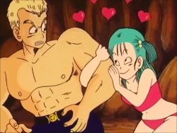 Rule 34 | 1980s (style), 1boy, 1girl, animated, animated gif, belt, blonde hair, breasts, bulma, cave, cleavage, commander blue, dragon ball, dragon ball (classic), heart, lowres, muscular, oldschool, panties, pink panties, retro artstyle, short hair, smile, underwear