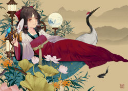 Rule 34 | 1girl, alternate costume, bamboo, bird, breasts, brown hair, cherry blossoms, chinese clothes, chinese new year, commentary request, crane (animal), dress, fish, floral print, flower, full body, goldfish, hair ribbon, hair tubes, hakurei reimu, half updo, hand fan, holding, holding fan, lamp, long dress, long sleeves, looking away, lotus, lying, medium breasts, medium hair, mountain, on side, parted lips, petals, red-crowned crane, red dress, red ribbon, reeh (yukuri130), ribbon, sepia background, smile, solo, touhou, wide sleeves, yellow eyes