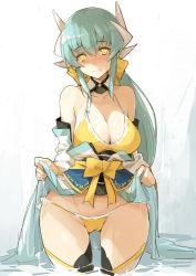 Rule 34 | 1girl, aqua hair, bad id, bad pixiv id, bare shoulders, bikini, blush, bow, breasts, cameltoe, cleavage, clothes lift, cowboy shot, detached collar, dress, dress lift, fate/grand order, fate (series), hair between eyes, hair bow, horns, japanese clothes, kekemotsu, kimono, kiyohime (fate), kiyohime (swimsuit lancer) (first ascension) (fate), large breasts, lifted by self, long hair, looking at viewer, obi, off shoulder, sash, sketch, smile, solo, string bikini, swimsuit, thighhighs, thighs, wading, yellow bikini, yellow eyes