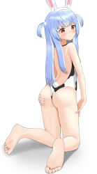 Rule 34 | 1girl, absurdres, animal ears, animal print, ass, back, bare legs, bare shoulders, barefoot, black one-piece swimsuit, blue hair, blush, breasts, closed mouth, commentary request, cow print, crossed bangs, eyelashes, feet, foot focus, from behind, full body, hand on own ass, hand on own thigh, highres, hololive, kneeling, legs, long hair, looking at viewer, looking back, one-piece swimsuit, orange eyes, print swimsuit, rabbit ears, rabbit girl, rabbit tail, shadow, shiny skin, sidelocks, simple background, small breasts, soles, solo, swimsuit, symbol-shaped pupils, tail, tamagotozi3420, thighs, toes, two-tone swimsuit, two side up, usada pekora, virtual youtuber, wavy mouth, white background, white one-piece swimsuit
