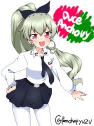 Rule 34 | 10s, 1girl, :d, alternate hairstyle, anchovy (girls und panzer), anzio school uniform, belt, black belt, black necktie, black ribbon, black skirt, character name, commentary, cowboy shot, dress shirt, drill hair, emblem, girls und panzer, green hair, hair ribbon, hand on own hip, leaning forward, long hair, long sleeves, looking at viewer, miniskirt, necktie, one-hour drawing challenge, open mouth, pamchapyuzu, pantyhose, pleated skirt, ponytail, red eyes, ribbon, school uniform, shirt, single drill, skirt, smile, solo, standing, twitter username, white background, white pantyhose, white shirt, wing collar